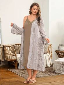 SHEIN 2pcs/Set Floral Print Long Sleeve Robe + Lace Camisole Plus Size Robe, Vacation Style - Multicolor - View 1