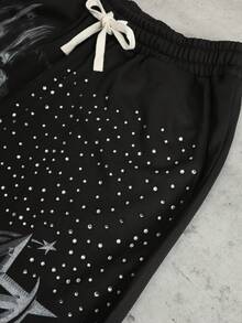 ROMWE MEN Street Life Men's Loose Fit Sparkling Diamond Figure Print Shorts, Spring/Summer - Black - View 2