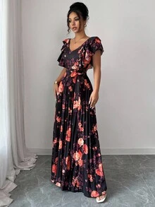 Elenzga V领数码印花度假风荷叶边腰身A字优雅浪漫女装 - 彩色 - 查看 4