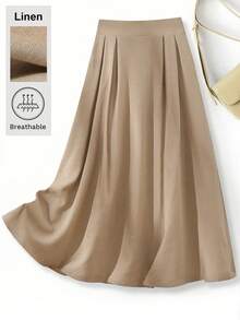 SHEIN Franclia Chân váy xếp ly đơn sắc tối giản dành cho nữ, thích hợp mặc hàng ngày. - Màu Khaki - Xem 1