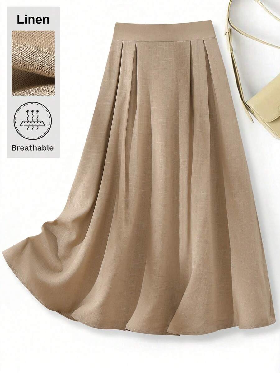 SHEIN Franclia Chân váy xếp ly đơn sắc tối giản dành cho nữ, thích hợp mặc hàng ngày. - Màu Khaki - Xem 1