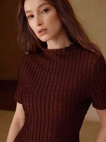 MOTF PREMIUM WOMEN'S ROMANTIC TEXTURED SHORT SLEEVE T-SHIRT, SPRING/SUMMER - Coffee Brown - View 5