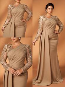 Serin Robe longue élégante et luxueuse de grande taille en satin avec patchwork de sequins champagne brodés, manches longues, froncée, ajustée avec ourlet queue de poisson. Convient pour soirée, rendez-vous, bal, vacances, mariage, mère de la mariée, invité - Champagne - Voir 1