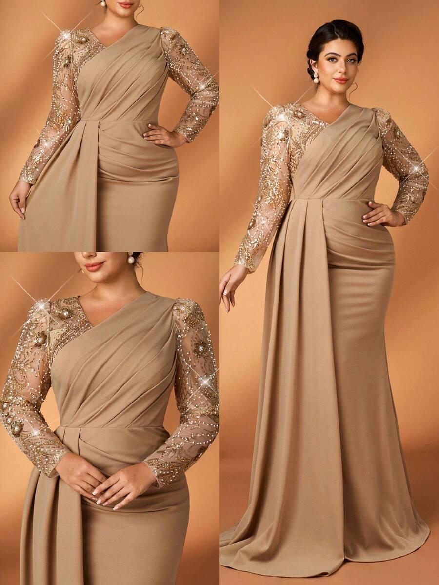 Serin Robe longue élégante et luxueuse de grande taille en satin avec patchwork de sequins champagne brodés, manches longues, froncée, ajustée avec ourlet queue de poisson. Convient pour soirée, rendez-vous, bal, vacances, mariage, mère de la mariée, invité - Champagne - Voir 1