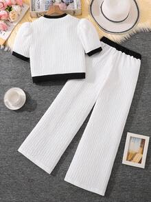 SHEIN 2pcs/Set Tween Girls Knitted Pearl Button Black And White Contrast Color Set,Elegant Summer Tea Party Outfit For Birthday,Dining,Holiday,Leisure - White - View 3