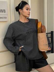 Dazy Plus Áo thun cổ tròn thêu chữ cổ điển dành cho nữ cỡ lớn, phong cách đường phố thường ngày, cỡ lớn, mùa thu/đông - Màu xám đen - Xem 4