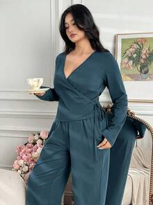 Dazy Plus 2件套女士加大码纯色V领长袖上衣和直筒裤休闲睡衣套装，春秋季 - 水鴨藍 - 查看 8