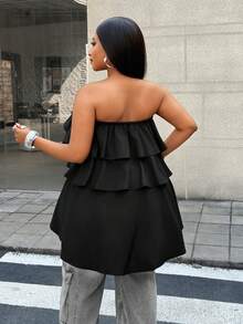Maweii Plus Size Women Solid Color Multi-Layer Ruffle Hem Wrap Crop Top - Black - View 3