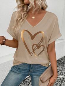EMERY ROSE Women's V-Neck Ruffle Sleeve Front Double Heart Print T-Shirt Date Beige Summer Casual - Khaki - View 4