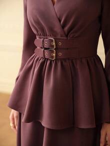 ZEYLAH Bộ 2 món thanh lịch gồm áo sơ mi dài tay và chân váy midi thiết kế khóa thắt lưng màu trơn dành cho nữ, mùa thu/đông - Màu tím - Xem 3