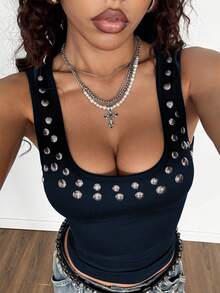 StreetHx Women's Black Square Neck Metal Decor Y2K Baddie Punk Rock Fitted Comfortable Layering Camisole, Halloween 2000s Style Streetwear Sleeveless - Navy Blue - View 6