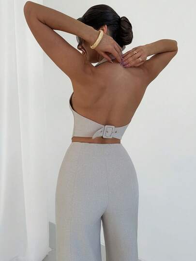 Firerie Women's Elegant Minimalist Fashion Commuter Urban Chic Casual Street Style New V-Neck Button Backless Belt Cropped Vest And High Waist Wide Leg Pants Khaki 2-Piece Set