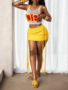 BamGleam Nuevo top deportivo ajustado con rayas huecas y dígitos + falda corta con flecos para mujer - Amarillo - Ver 1