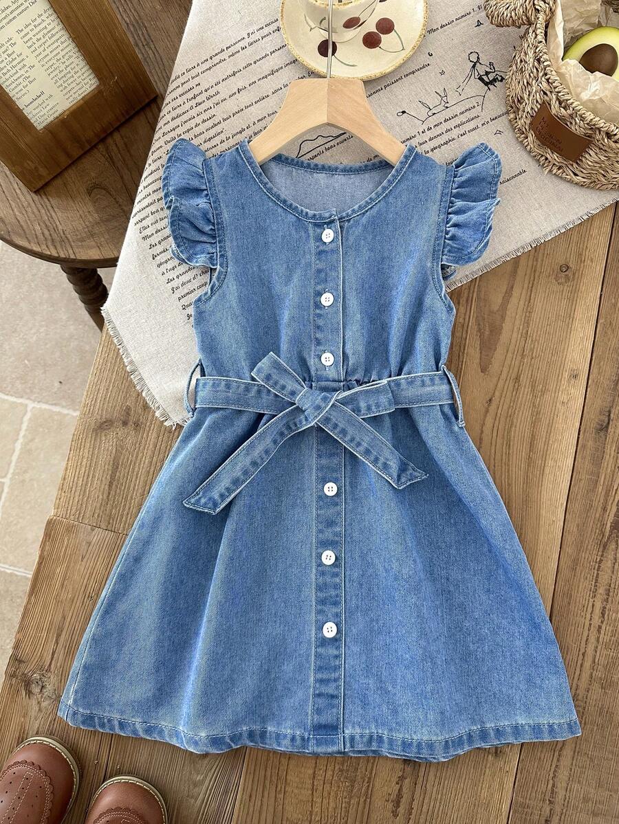 LMoss Kids Vestido suelto de niña joven de mezclilla azul con cinturón - Lavado ligero - Ver 1
