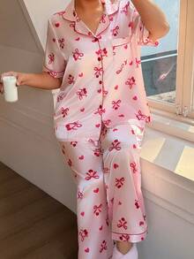 SHEIN Bộ đồ ngủ cardigan cổ bẻ in nơ và quả anh đào dành cho nữ cỡ lớn - Hồng - Xem 6