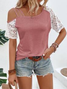 EMERY ROSE Summer Casual Contrast Color Lace Patchwork Asymmetric Collar T-Shirt Vacation Dusty Pink - Pink - View 6
