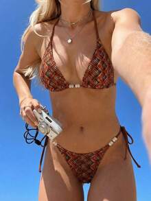 Swim Vcay Women's Summer Beach Plaid Hollow Out Halter Tie Strap Fashionable Bikini Swimsuit Set - Multicolor - View 1