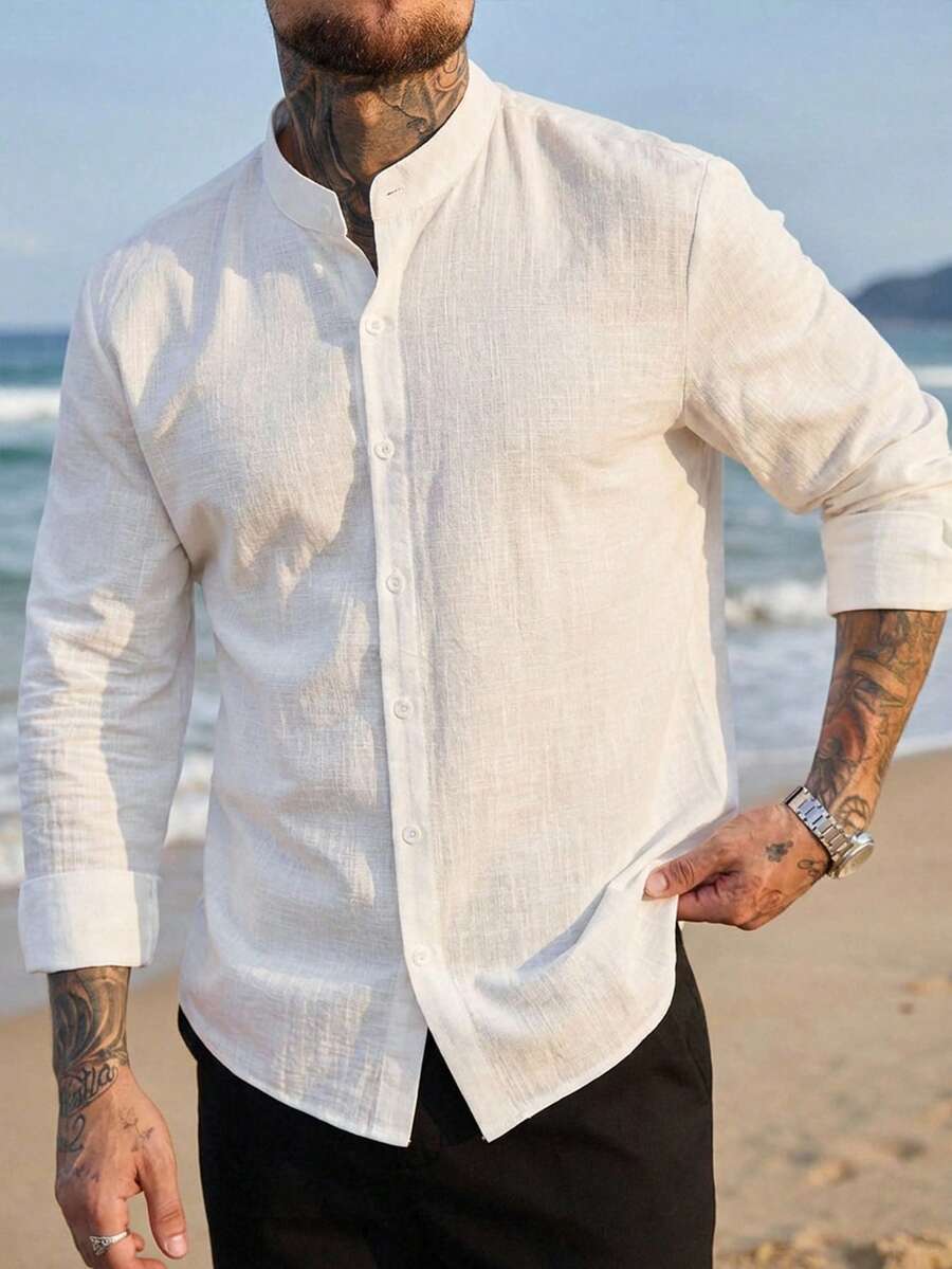 Ventusail 男士休闲纯色长袖衬衫男士白色亚麻衬衫男士白色休闲衬衫男士纹理衬衫纯棉男士衬衫，男士白衬衫，男士夏季，秋季，老钱风格 - 白色 - 查看 1