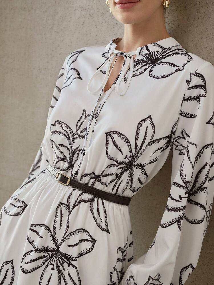 BLACK & WHITE FLORAL PRINT CINCHED WAIST MIDI DRESS