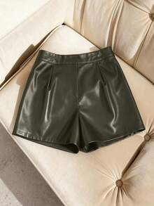 SHEIN Franclia Women's Casual Fashion PU Leather Solid Color Button Fly Flap Pocket Shorts - Army Green - View 2