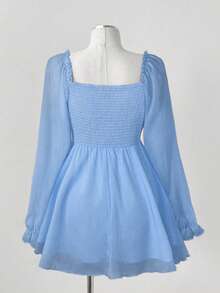 Sunspun Plus Size Women Lace Trim Knot Design Ruched Fashionable Versatile Long Sleeve Blouse - Blue - View 3