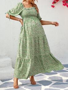 SHEIN 孕妇度假宽松碎花泡泡袖连衣裙 - 綠色 - 查看 4