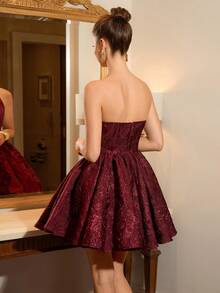 Poshira 花卉提花荷叶边下摆奢华舞会礼服（装饰繁复） - 酒紅色 - 查看 2