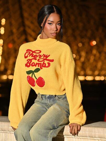 Mima John 可爱纯洁甜美学院风樱桃刺绣高领灯笼袖女式毛衣、长袖上衣