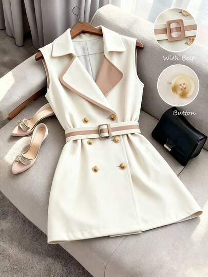 GlowEve Women's Colorblock Blazer Collar Double-Breasted Design With Belt, Elegant For Daily Commute, Casual, Fashion, French Style, Versatile, Business, Cream White & Apricot Splice, Khaki, Sleeveless, Spring/Summer Trench Coat