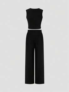 Young Girl Casual Solid Color Top And Pants 2 Pieces Set - Black - View 2