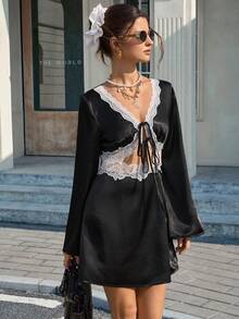 Cévolie Women's Spring/Autumn New French Elegant Deep V Lace Trim Patchwork Butterfly Tie Long Sleeve Mini Flare Dress - Black - View 5