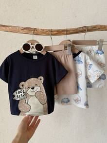 SHEIN 4pcs Set Piyama Bayi Laki-laki/Perempuan Motif Beruang Lucu, Cocok untuk di Rumah, Pakaian Sehari-hari dan Jalan-jalan, Cocok untuk Musim Semi/Panas - Navy Blue - View 7