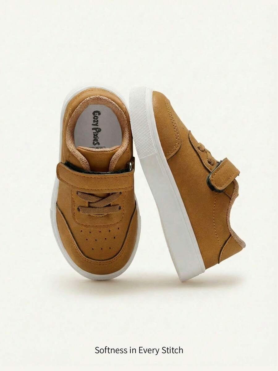 Cozy Pixies 1双时尚休闲百搭舒适软底轻便平底运动鞋，适合返校季，白色婴儿帆布鞋 - 棕色 - 查看 1