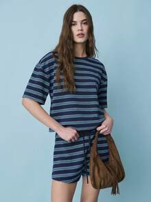 Nöista 女士深蓝、绿、白条纹宽松纯棉短袖T恤 + 抽绳 S - 藏蓝色 - 查看 9