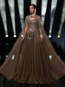 Glamrae Robe maxi élégante et luxueuse avec manches bouffantes détachables, ornée de perles et de sequins floraux. Couleur vert herbe. Convient pour les mariages, les fêtes, les vacances, les galas et les événements formels (très ornée) - Marron - Voir 7