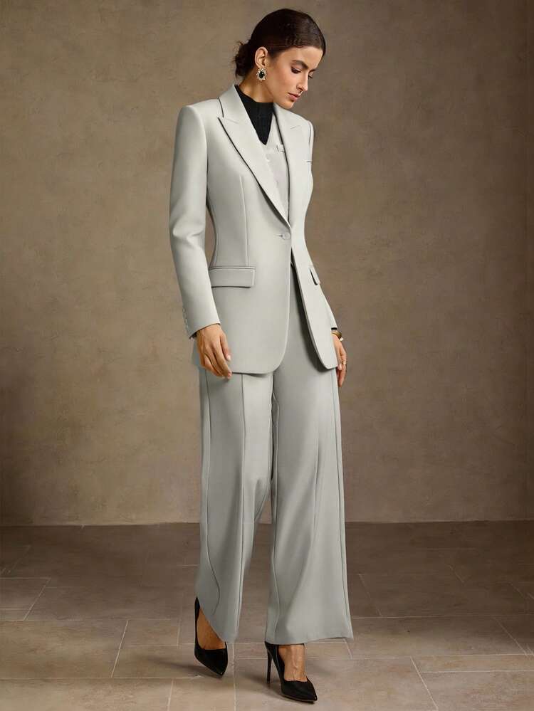 WOMEN'S 2-PIECES SET , ELEGANT LIGHT GRAY SUIT SET, FASHIONABLE SLIMMING AND ELONGATING