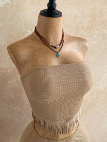 Soleia Women's Vacation 2-Piece Set: Textured Knit Fringed Bandeau Top + Textured Knit Fringed Mini Skirt, Casual Outfit For Vacation, Date, Afternoon Tea, Beach, Cruise, City Trip, Music Festival, Party, Boho, Hippie, Western, Daily Commute - Khaki - View 7