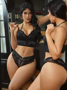 2pcs/Set Lace Patchwork Women's Underwire Bra Set - Black - View 1