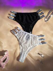 2pcs Women's Shiny Ribbon Hollow Lace Trim Thong Panties Set, Lingerie For Women,Sexy,Valentine's Day,Wedding - Black and White - View 1