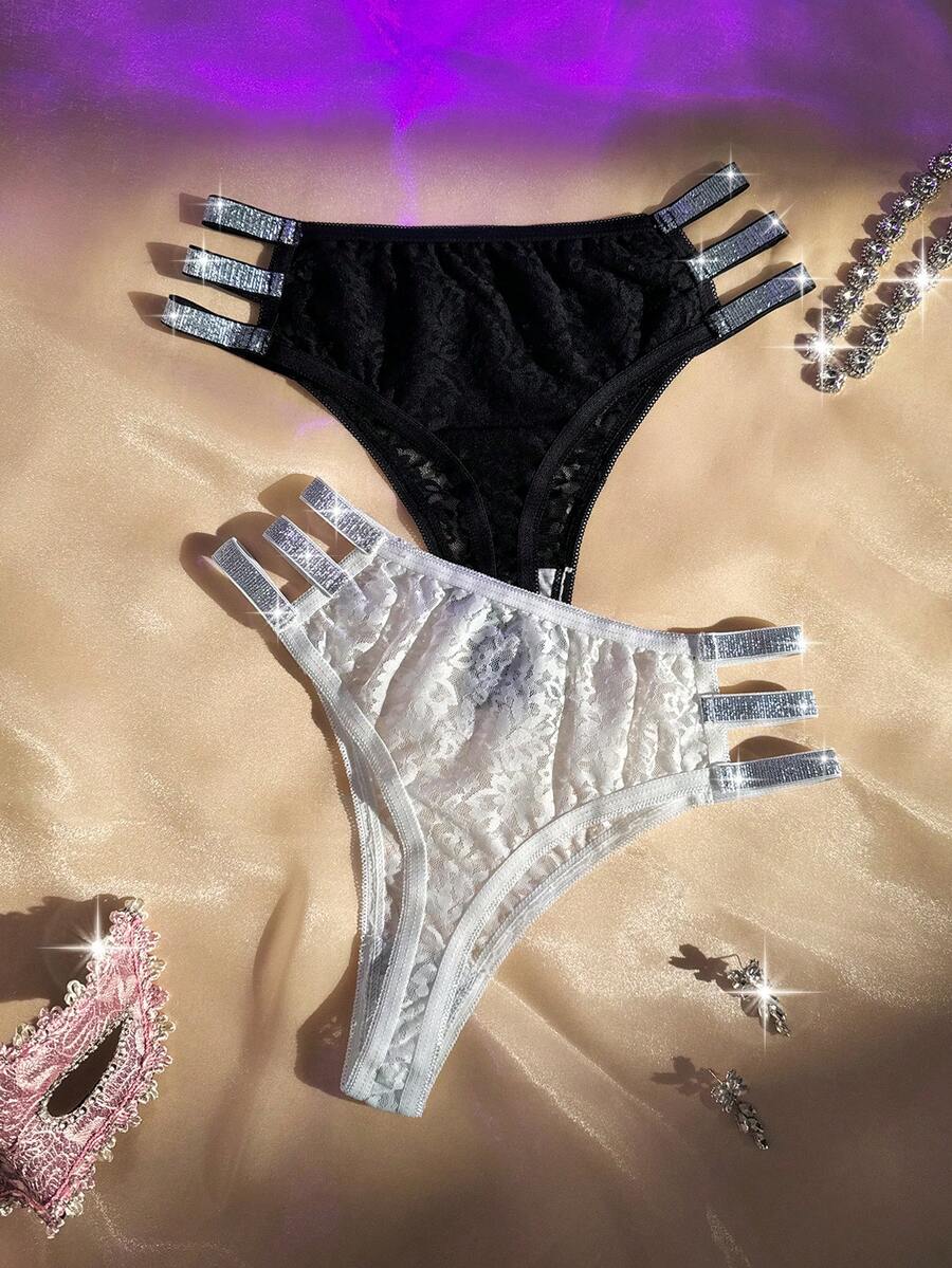 2pcs Women's Shiny Ribbon Hollow Lace Trim Thong Panties Set, Lingerie For Women,Sexy,Valentine's Day,Wedding - Black and White - View 1