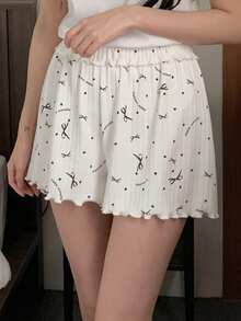 DAZY Letter & Bow Print Ruffle Hem Waist Shorts Women Sleepwear Bottom - White - View 4