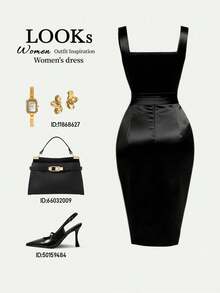 SHEIN Franclia Vestido sin mangas de satén pesado burdeos, cuello cuadrado retro, que estiliza la cintura con pliegues tridimensionales, bajo asimétrico, vestido de lujo para cóctel y citas, vestido corto ajustado con textura drapeada, vestido negro elegante para mujer - Negro - Ver 2