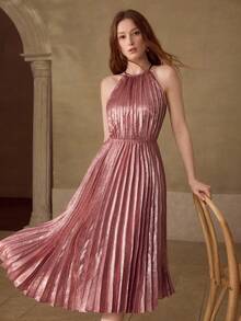 MOTF PREMIUM FASHIONABLE METAL COATED PLEATED HALTER NECK MIDI DRESS - Pink - View 7