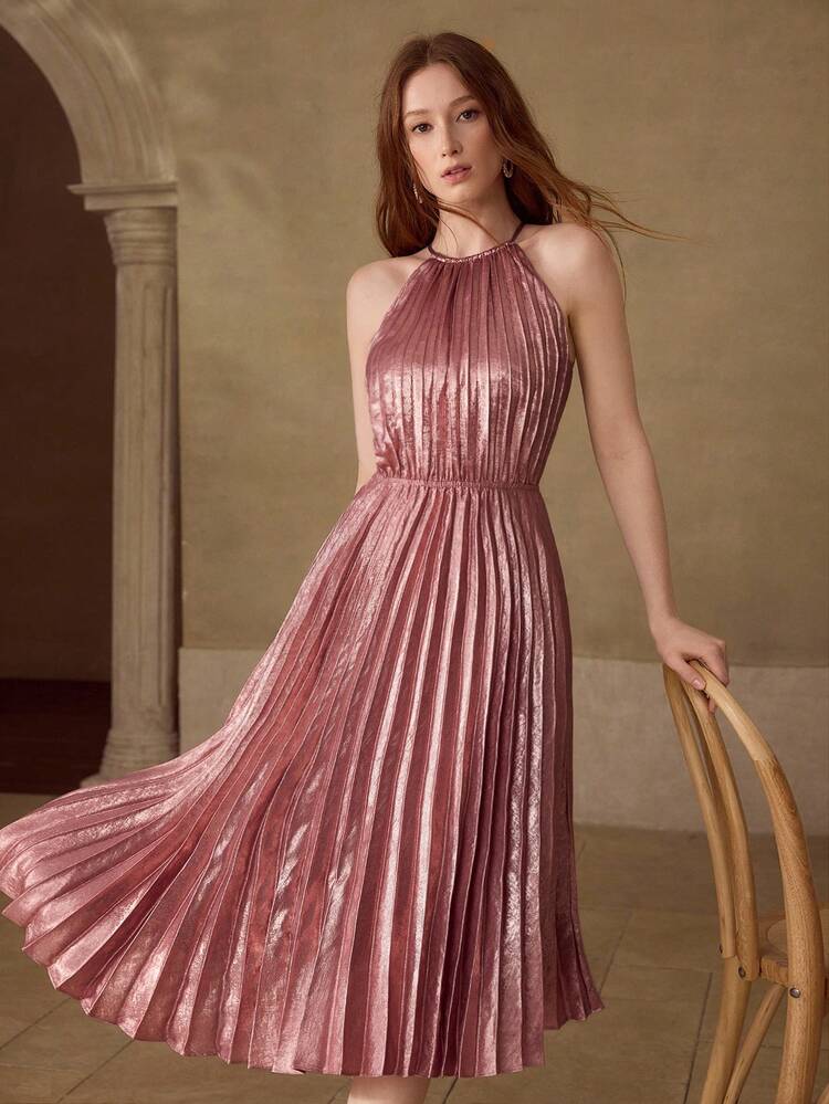 FASHIONABLE METAL COATED PLEATED HALTER NECK MIDI DRESS