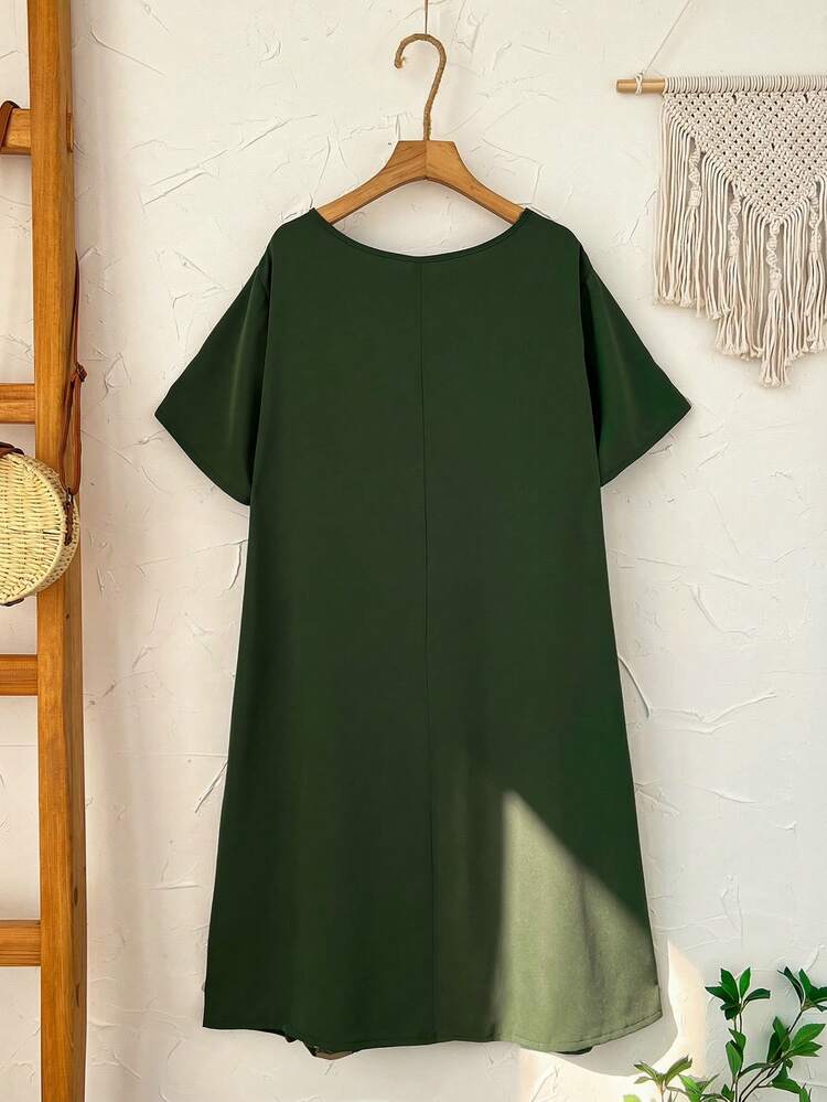 Plus Size Women Geometric Pattern Round Neck Short Sleeve Casual Loose Dress For Summer/ Vacation Army Green Dress Women Women's Green Dress, Summer Dresses