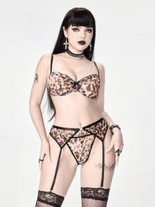 ROMWE Grunge Punk 3pcs Women's Gothic Punk Mesh Leopard Print Underwire Bra, Thong, And Garter Belt Sexy Lingerie Set - Multicolor - View 4