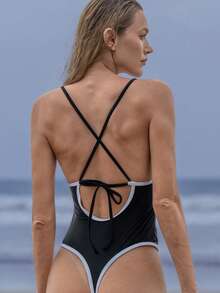 Swim SPRTY Costum de baie dintr-o singură piesă, multicolor, cu bretele spaghete, pentru femei, vară, vacanță la plajă - Alb-negru - Vizualizare 1