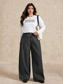 Dazy Plus Plus Size Women Casual Elastic Waist Long Split-Line Design Slim Fit Streetwear Jeans, Suitable For All Seasons - Dark Grey - View 4