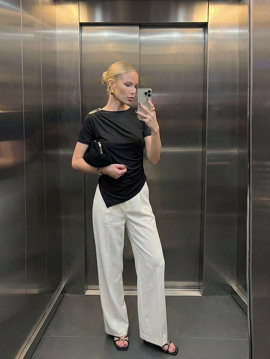 Maija Women's Fashion Casual Asymmetrical Hem Short Sleeve T-Shirt - Black - View 1