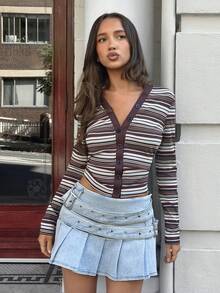 MainGRL Chic Spring Preppy  Casual Style Brown Multi Striped Print V Neck Button Up Ribbed Knit Crop Top, Daily Streetwear & Coffee Date Outfit, Slim Fit Y2K Aesthetic Coquette Top - Brown - View 1